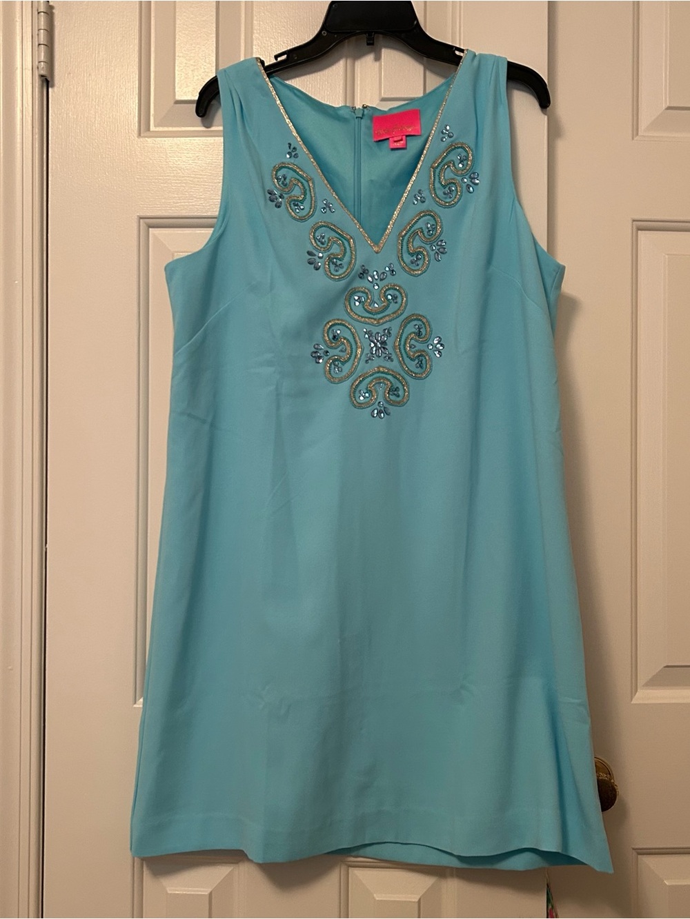 Lilly Pulitzer Penelope Shift Dress Ibiza Blue Teal Jewel Embellishment Size 14